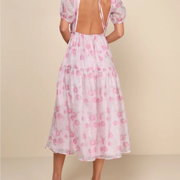 Lulus Ideal Poise Blush Floral Chiffon Backless Tie-front Midi Dress Pink - Picture 5 of 5